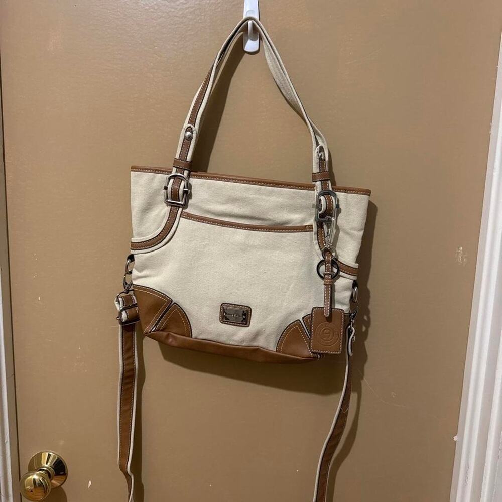 Cream and brown leather tote
